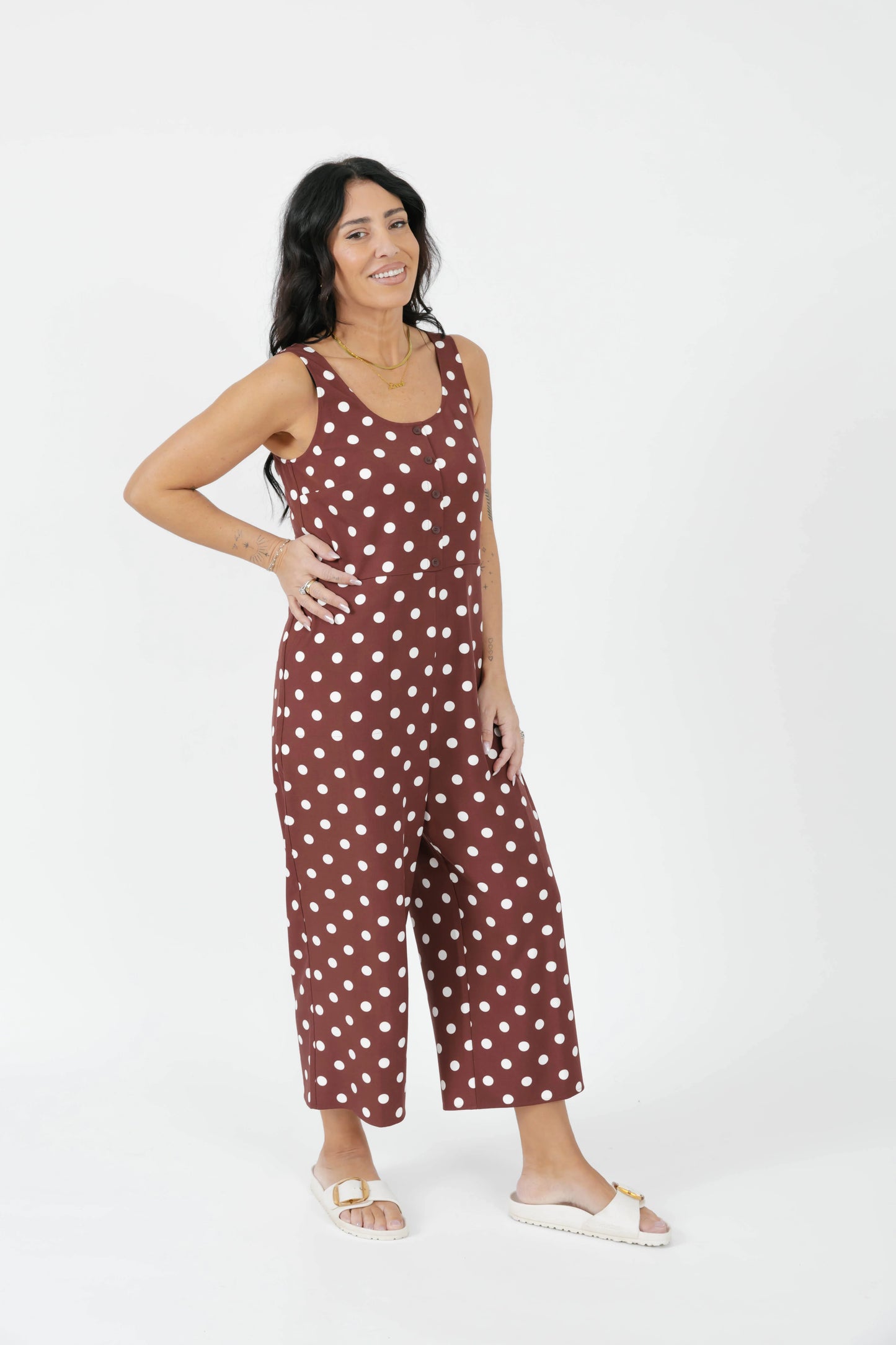 Smash + Tess Lucy Polka Dot Cropped Romper || Warm Brown
