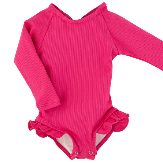 Current Tyed Ruffle Rashguard Suit || Ribbed Hot Pink