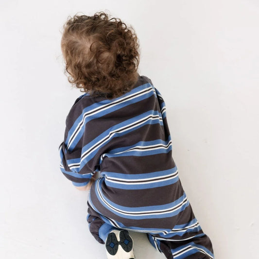 Roobear Striped Long Sleeve Romper || Charcoal + Blue
