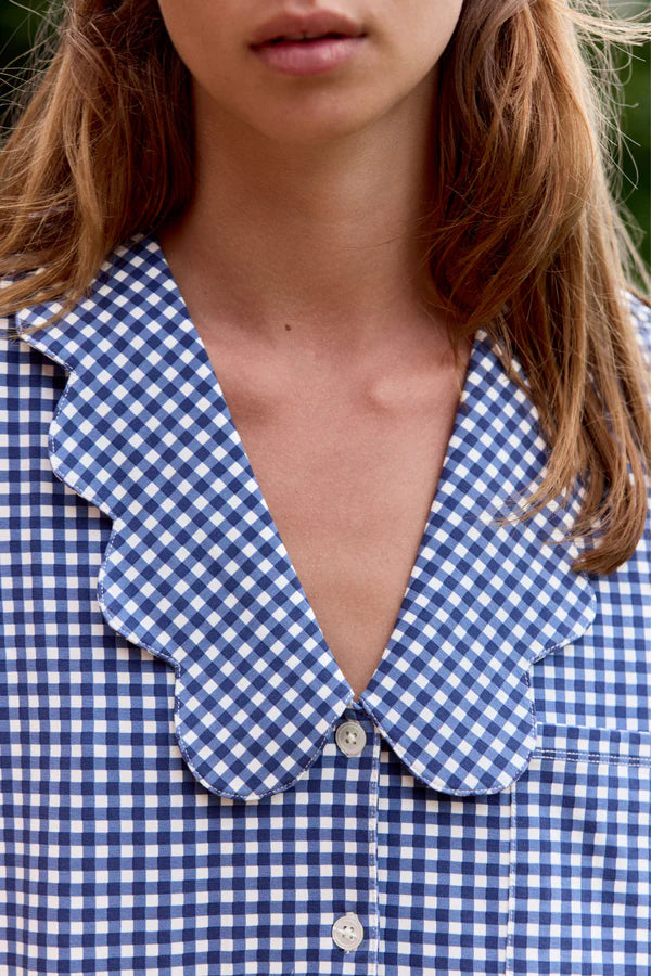 Bambi & Birdie Ladies Scalloped Collared Pant Set || Blue Gingham