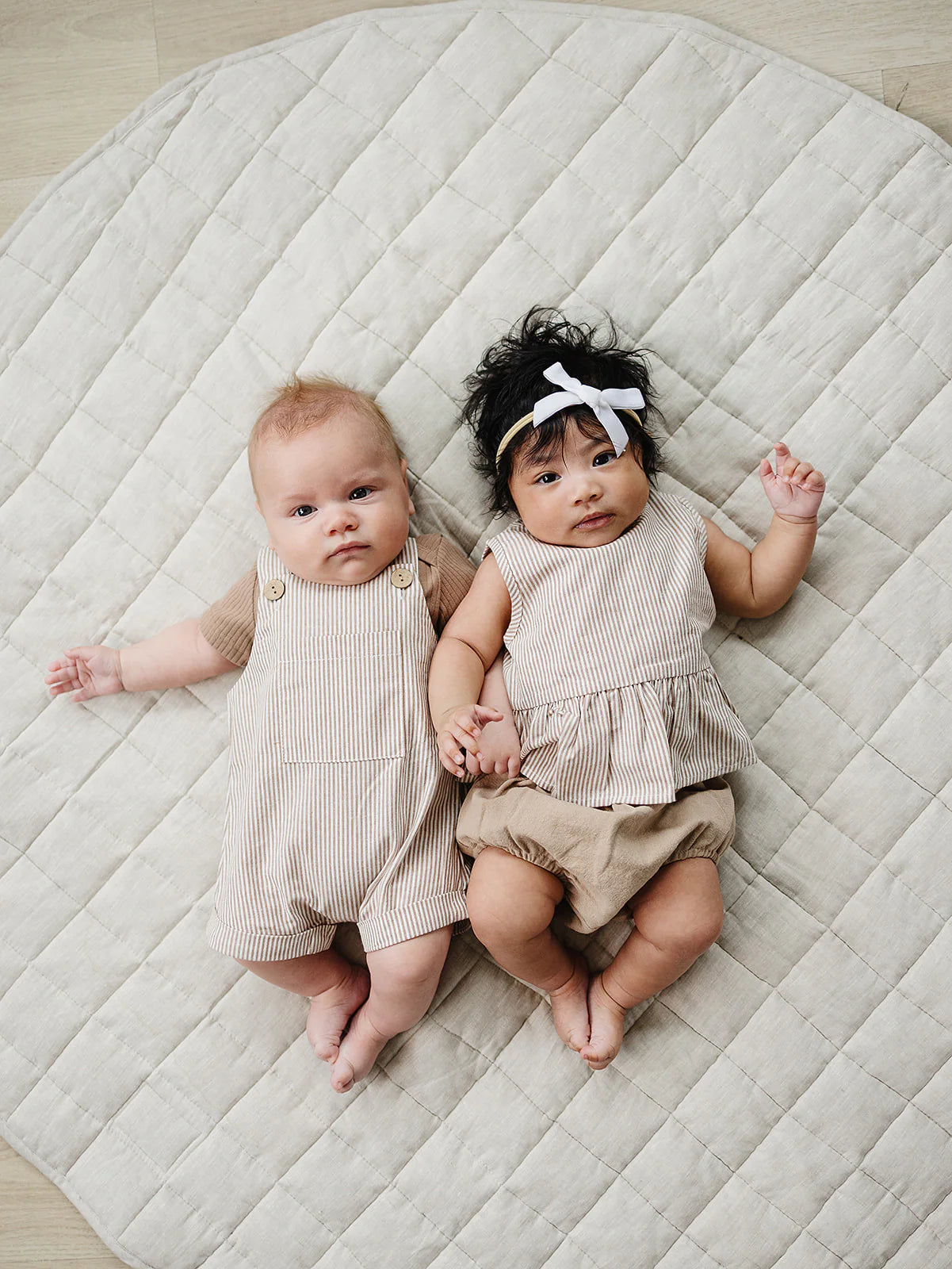 Mebie Baby Tan Stripe Short Overalls
