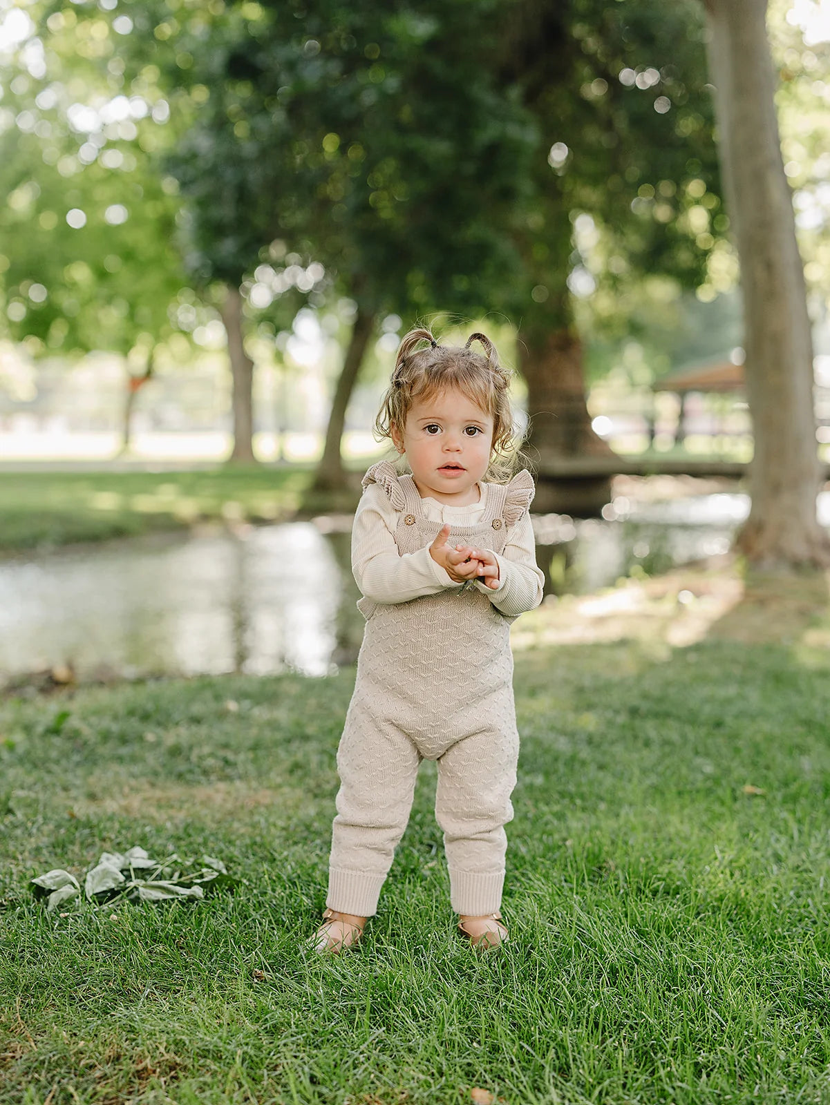 Mebie Baby Taupe Ruffle Knit Overalls