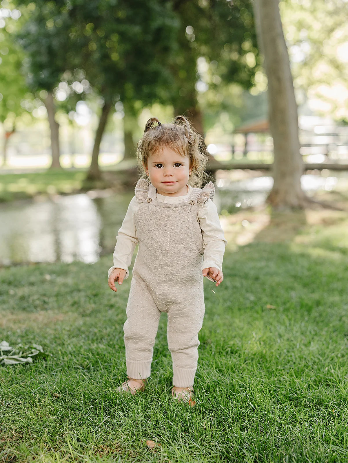 Mebie Baby Taupe Ruffle Knit Overalls