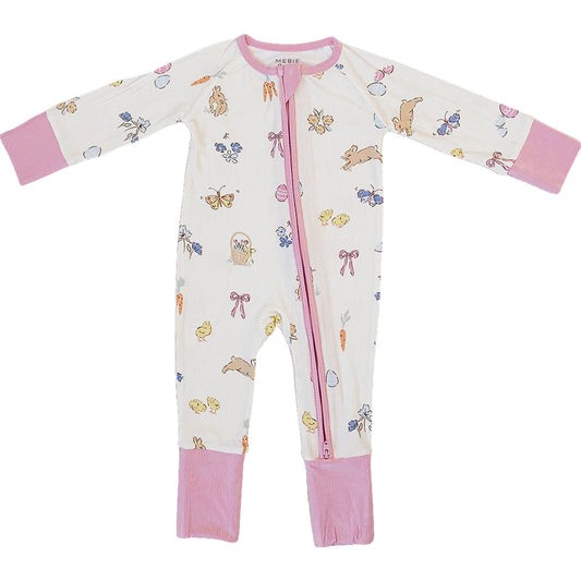 Mebie Baby Ribbed Bamboo Zipper Onesie || Pink Bunny