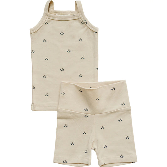 Mebie Baby Cream Tulips Tank + Biker Short Set