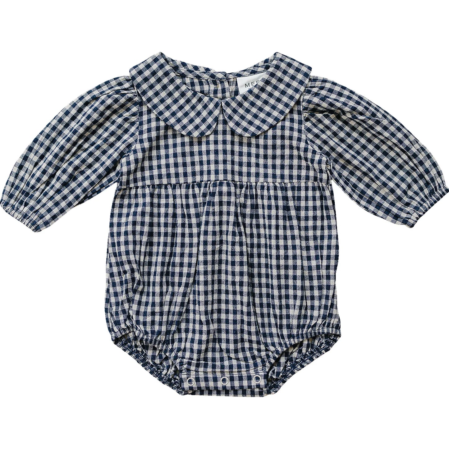 Mebie Baby Gingham Peter Pan Collar Long Sleeve Bubble Romper