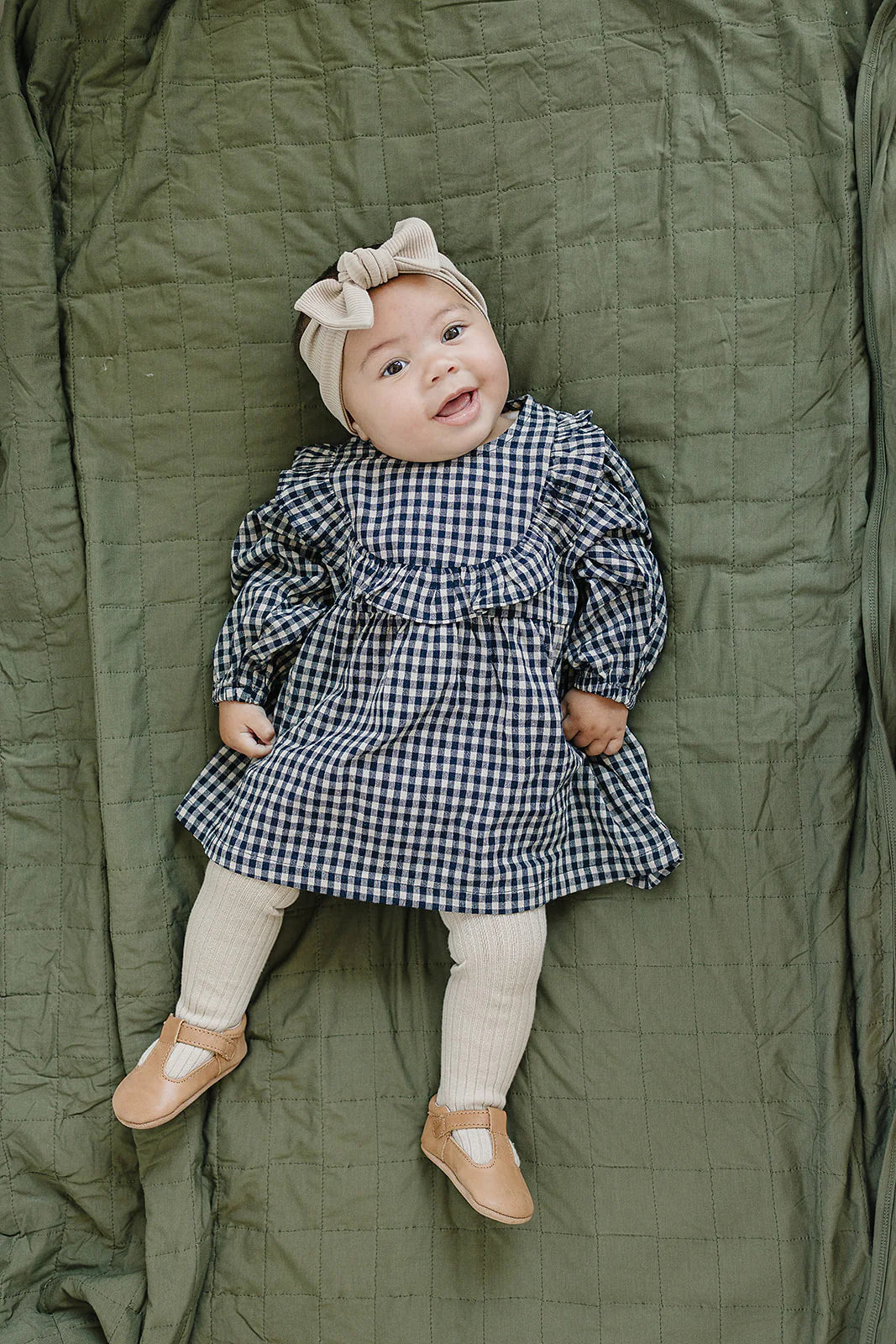 Mebie Baby Gingham Long Sleeve Ruffle Linen Dress