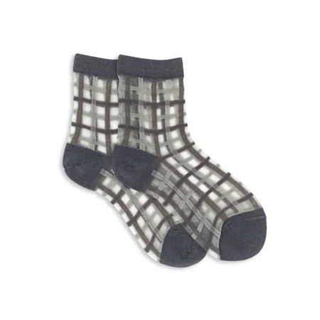 XS Unified Women's Sheer Plaid Ankle Socks || Grey