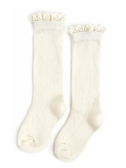 Little Stocking Co. Fancy Lace Top Knee Highs || Ivory