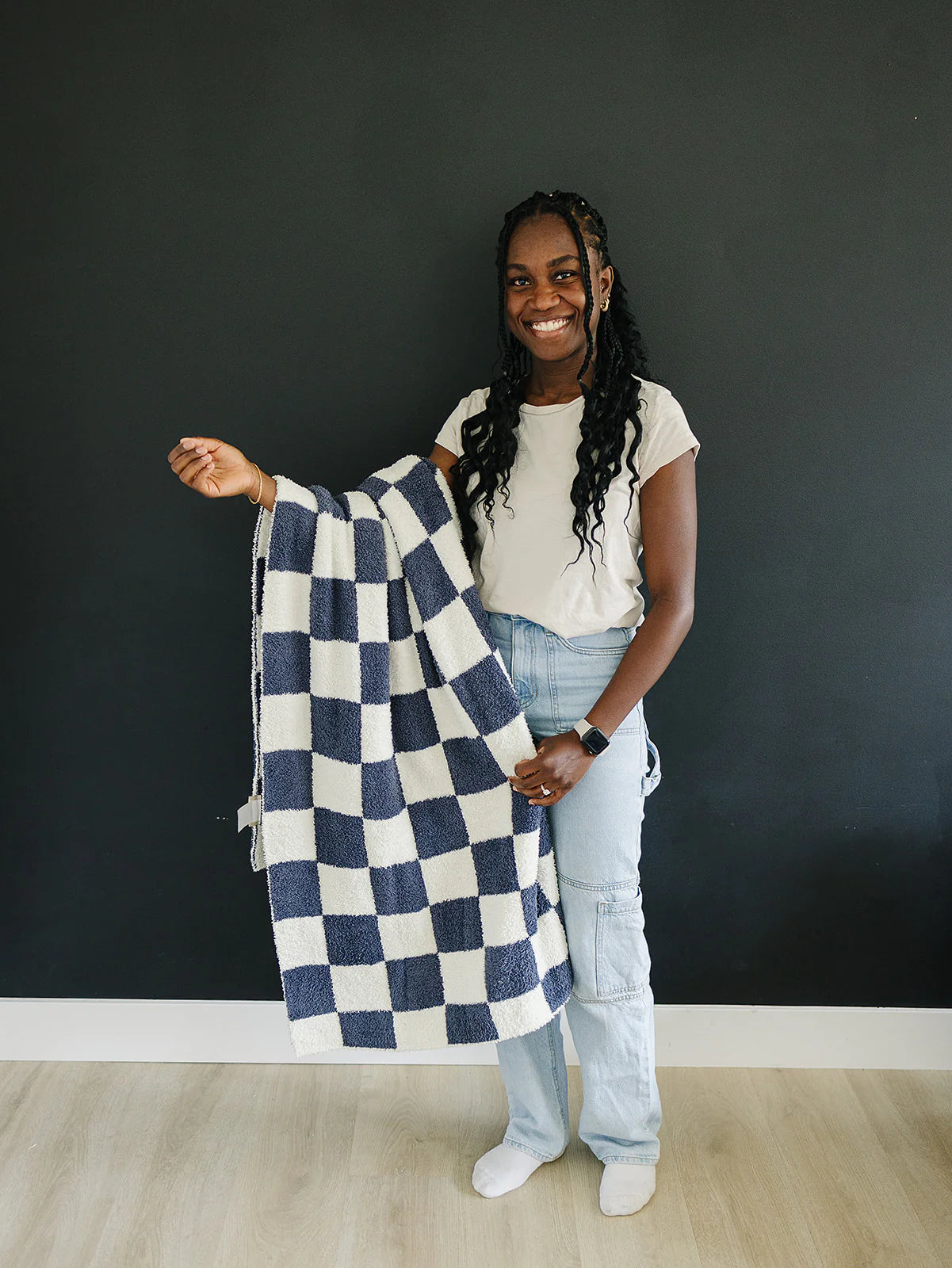 Mebie Baby Plush Adult Blanket || Navy Checkered