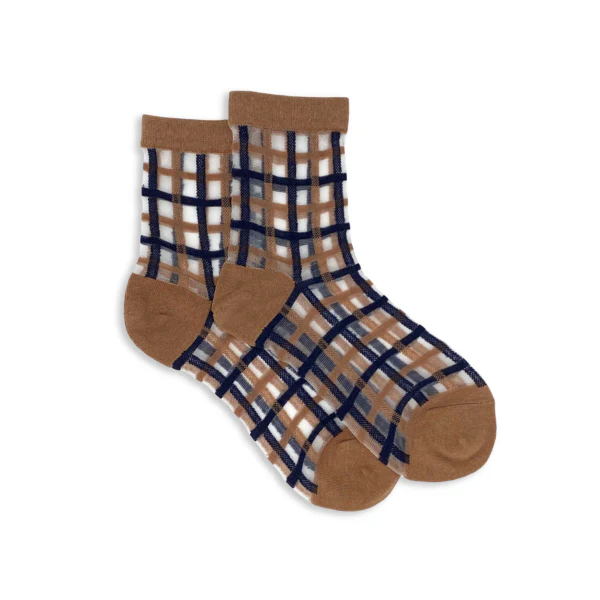 XS Unified Women's Sheer Plaid Ankle Socks || Navy/Caramel