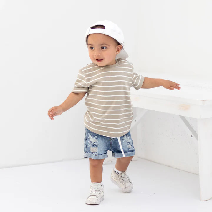 Little Bipsy Pinstripe Tee ||Khaki Green and White