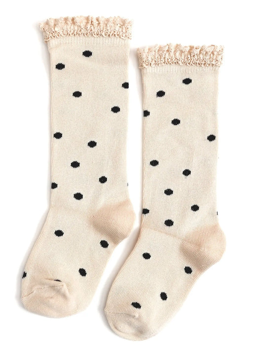 Little Stocking Co. Lace Top Knee Highs || Vanilla Dot